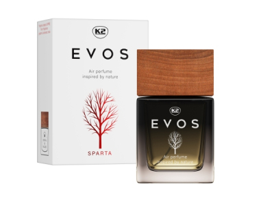 K2 EVOS Sparta 50 ml – luxusný parfém do auta, drevitá pánska vôňa, sklenený flakón