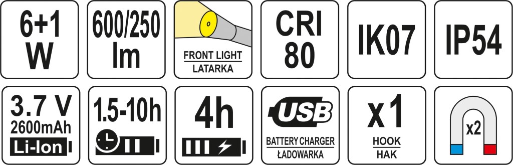 DÍLNÍ LAMPY 6 W COB, 600 LM + 250 LM