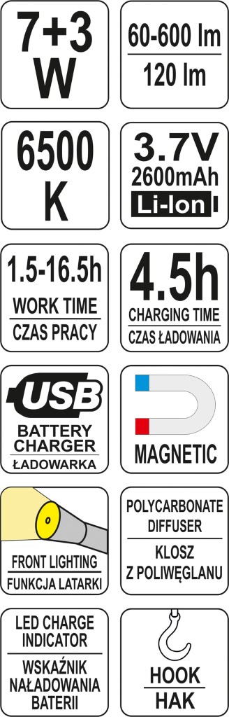DÍLNÍ LAMPY 7 W COB, 600 LM + 120 LM